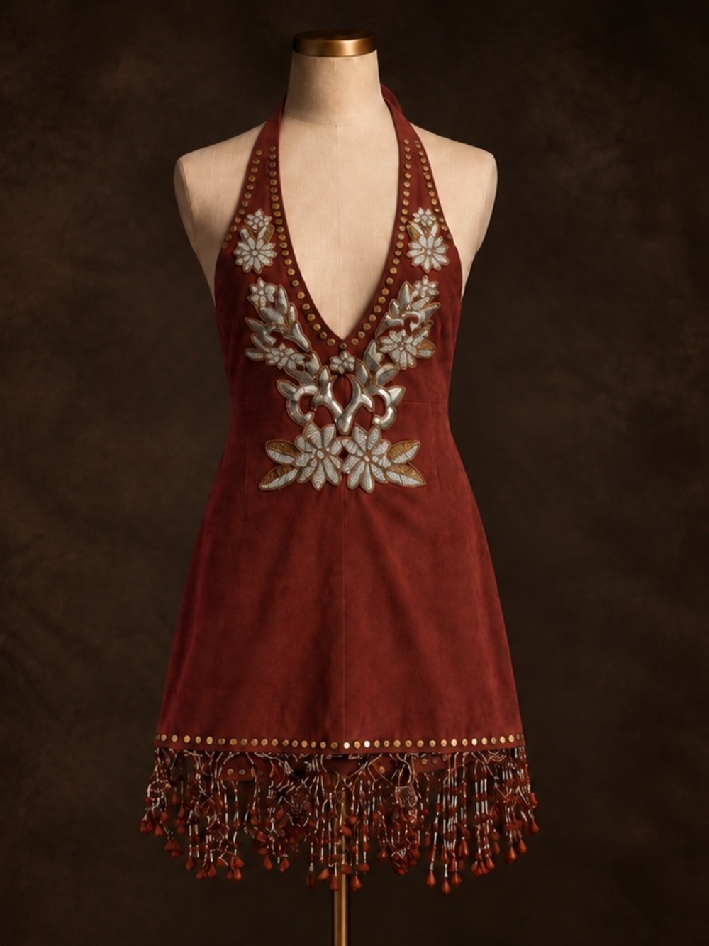 Nasty Gal Rust Red Embellished Halter Mini Dress with Beaded Fringe
